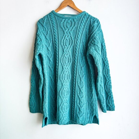 Aran Crafts Turquoise Cable Knit Chunky Merino Wool Sweater XS - Picture 1 of 3